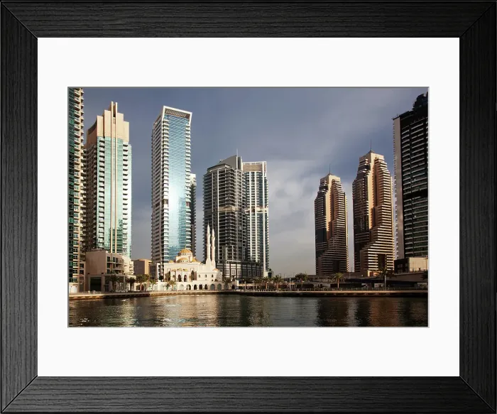 Framed Print : View of modern skyscrapers shining in sunrise light in Dubai Marina, Dubai, United Arab Emirates Framed Print : View of modern skyscrapers shining in sunrise light in Dubai Marina, Dubai, United Arab Emirates