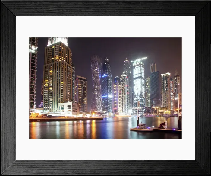 Framed Print : Colorful evening on canal and promenade in Dubai Marina, Dubai, United Arab Emirates Framed Print : Colorful evening on canal and promenade in Dubai Marina, Dubai, United Arab Emirates