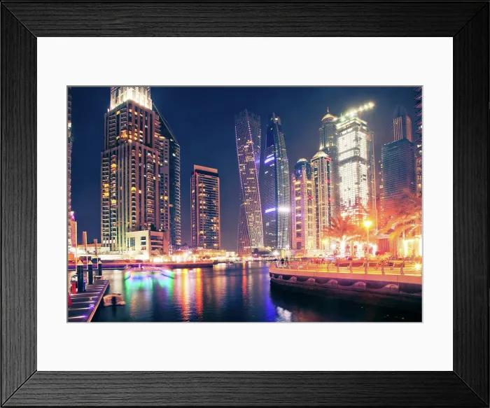Framed Print : Colorful evening on canal and promenade in Dubai Marina, Dubai, United Arab Emirates Framed Print : Colorful evening on canal and promenade in Dubai Marina, Dubai, United Arab Emirates