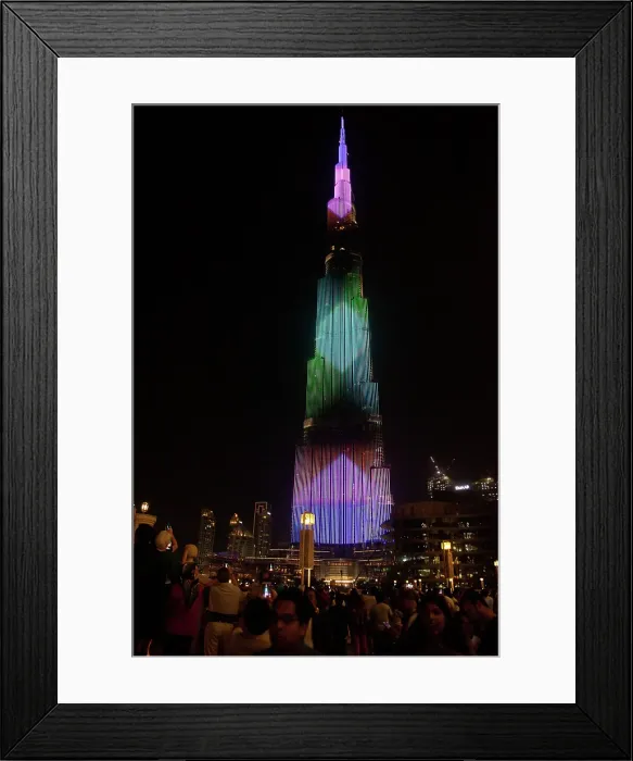 Framed Print : Laser show at night on Burj Khalifa, world's tallest tower, Downtown Burj Dubai, Dubai, United Arab Emirates