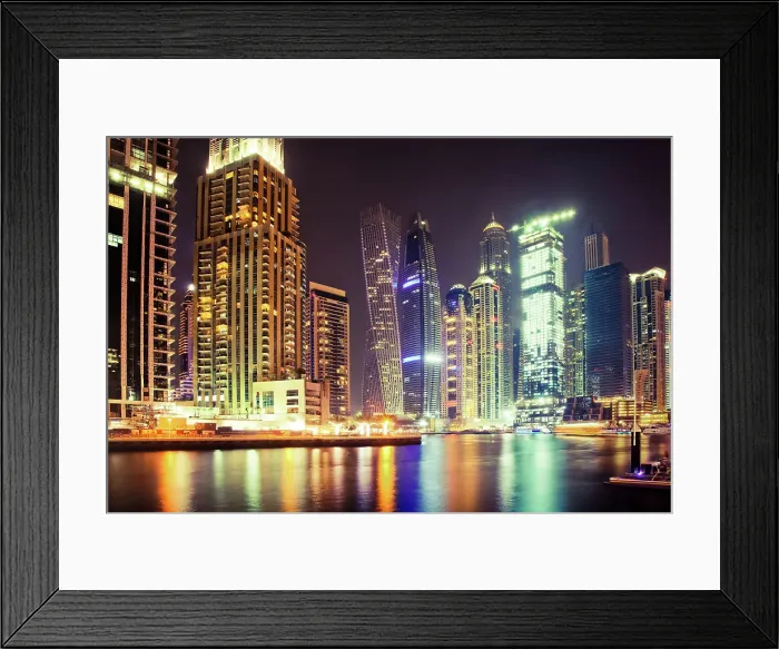 Framed Print : Colorful evening on canal and promenade in Dubai Marina, Dubai, United Arab Emirates Framed Print : Colorful evening on canal and promenade in Dubai Marina, Dubai, United Arab Emirates