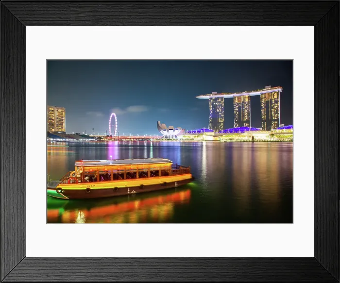Framed Print : Skyline of Singapore Marina Bay at night with Marina Bay Sands, Art Science museum and tourist boats, Singapore Framed Print : Skyline of Singapore Marina Bay at night with Marina Bay Sands, Art Science museum and tourist boats, Singapore