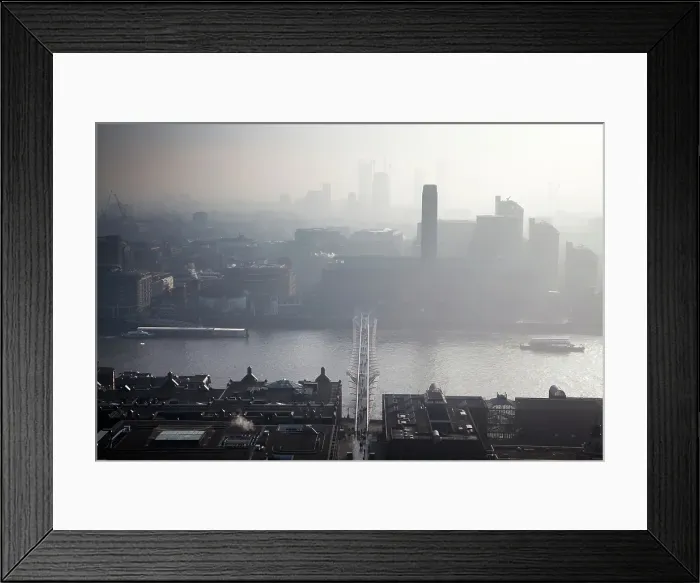 Framed Print : Rooftop view over River Thames and Millennium Bridge on a foggy day from St. Paul's Cathedral, London, England, United Kingdom Framed Print : Rooftop view over River Thames and Millennium Bridge on a foggy day from St. Paul's Cathedral, London, England, United Kingdom