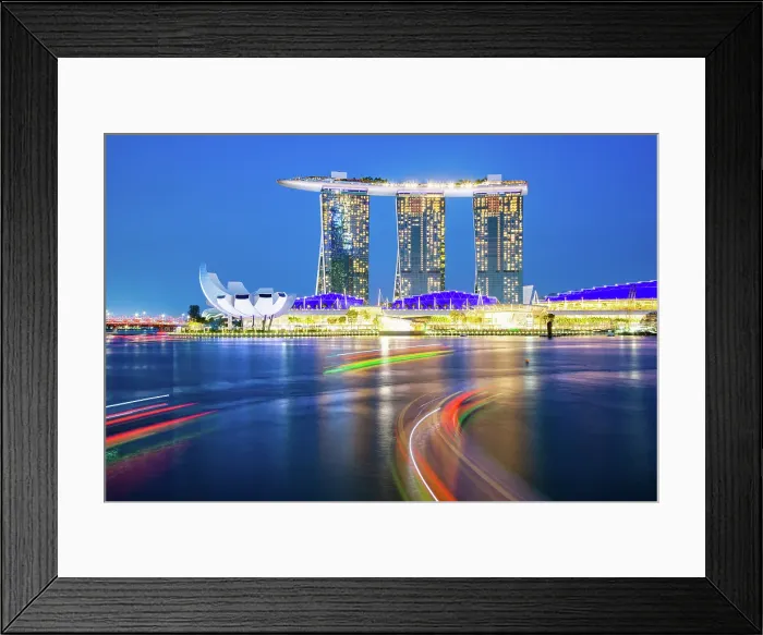 Framed Print : Skyline of Singapore Marina Bay at night with Marina Bay Sands, Art Science museum and tourist boats, Singapore Framed Print : Skyline of Singapore Marina Bay at night with Marina Bay Sands, Art Science museum and tourist boats, Singapore
