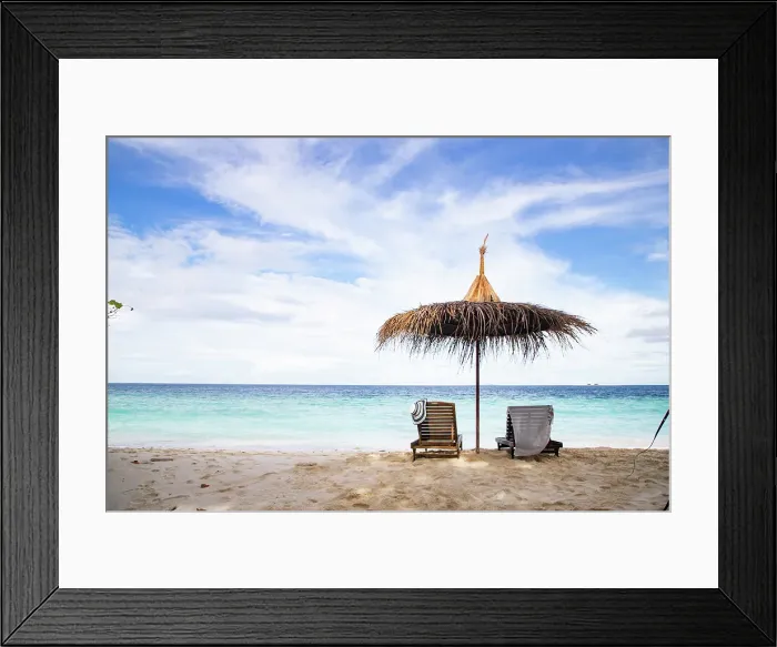 Framed Print : Beach chairs on beautiful tropical beach, The Maldives, Indian Ocean