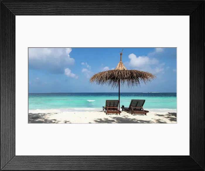 Framed Print : Beach chairs on beautiful tropical beach, The Maldives, Indian Ocean Framed Print : Beach chairs on beautiful tropical beach, The Maldives, Indian Ocean