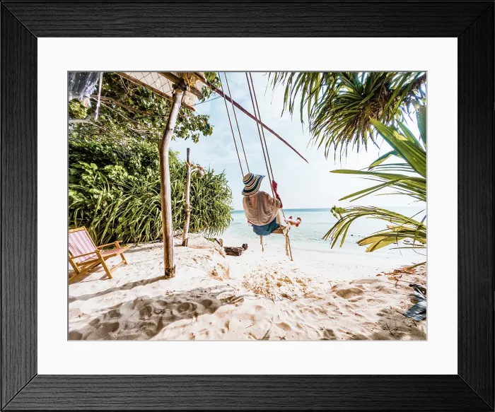 Framed Print : Woman swinging on a tropical beach, summer fun, The Maldives, Indian Ocean Framed Print : Woman swinging on a tropical beach, summer fun, The Maldives, Indian Ocean