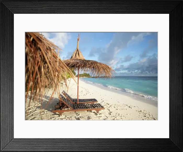 Framed Print : Beach chairs on beautiful tropical beach, The Maldives, Indian Ocean Framed Print : Beach chairs on beautiful tropical beach, The Maldives, Indian Ocean
