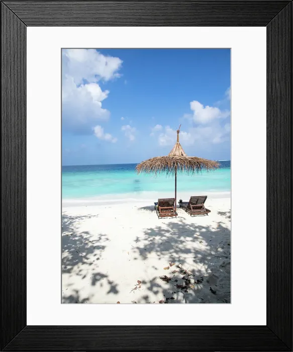 Framed Print : Beach chairs on beautiful tropical beach, The Maldives, Indian Ocean Framed Print : Beach chairs on beautiful tropical beach, The Maldives, Indian Ocean