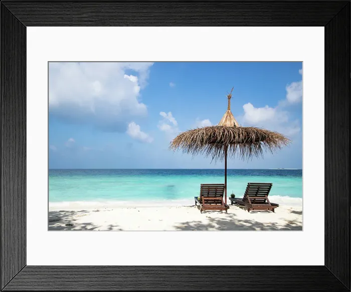 Framed Print : Beach chairs on beautiful tropical beach, The Maldives, Indian Ocean Framed Print : Beach chairs on beautiful tropical beach, The Maldives, Indian Ocean