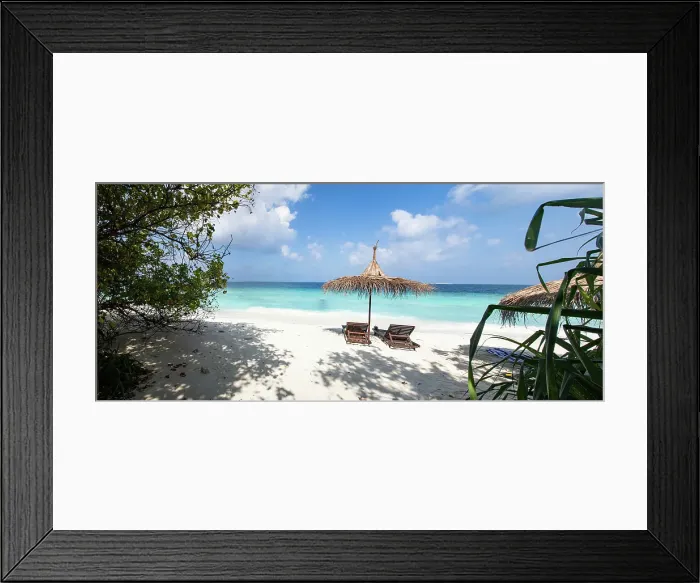 Framed Print : Beach chairs on beautiful tropical beach, The Maldives, Indian Ocean Framed Print : Beach chairs on beautiful tropical beach, The Maldives, Indian Ocean