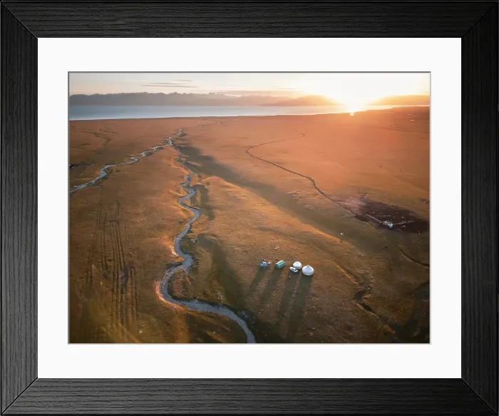 Framed Print : An aerial view of Son Kol lake area, with meandering river, yurts and camp at sunrise, Kyrgyzstan Framed Print : An aerial view of Son Kol lake area, with meandering river, yurts and camp at sunrise, Kyrgyzstan