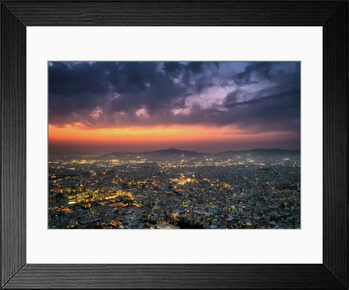 Framed Print : City at sunset with Parthenon and Acropolis seen from Lycabettus hill viewpoint, Athens, Greece