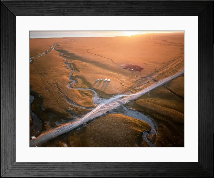 Framed Print : An aerial view of the Song Kol lake area at sunrise, Kyrgyzstan