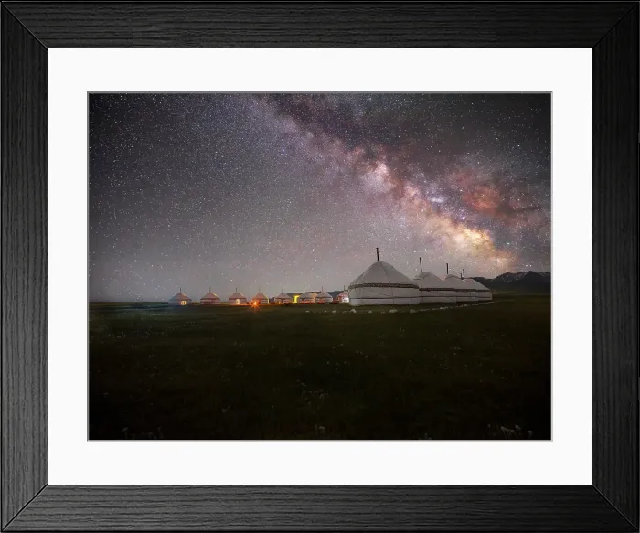 Framed Print : A row of white yurts illuminated by the Milky Way, stretching across the night sky, Song Kol Lake area, Kyrgyzstan Framed Print : A row of white yurts illuminated by the Milky Way, stretching across the night sky, Song Kol Lake area, Kyrgyzstan