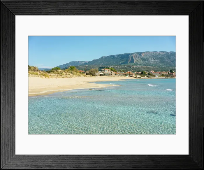 Framed Print : Plitra beach with turquoise water in Karavostasi in the south of Greece, Peloponnese, Greece Framed Print : Plitra beach with turquoise water in Karavostasi in the south of Greece, Peloponnese, Greece