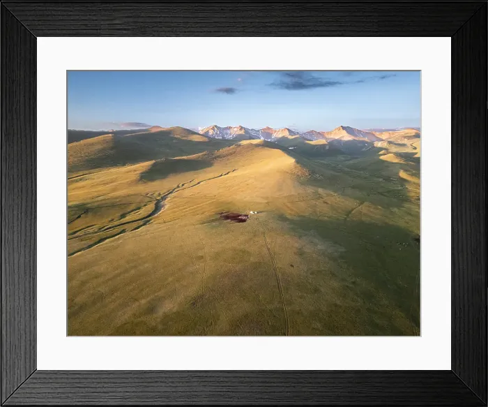 Framed Print : Vew of the Song Kol Lake area with yurts in foothills at sunrise, Kyrgyzstan Framed Print : Vew of the Song Kol Lake area with yurts in foothills at sunrise, Kyrgyzstan