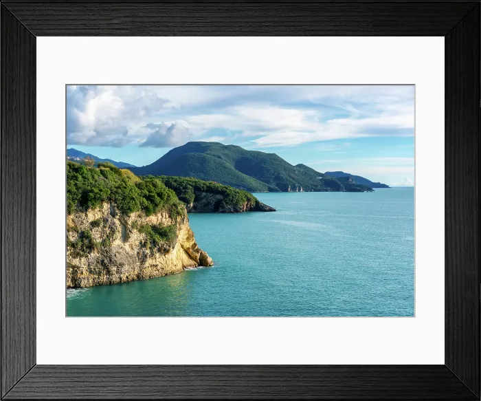 Framed Print : Greek wild beach cliffs coastline in Igoumenitsa, Greece
