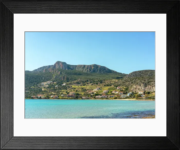 Framed Print : Plitra beach with turquoise water in Karavostasi in the south of Greece, Peloponnese, Greece Framed Print : Plitra beach with turquoise water in Karavostasi in the south of Greece, Peloponnese, Greece