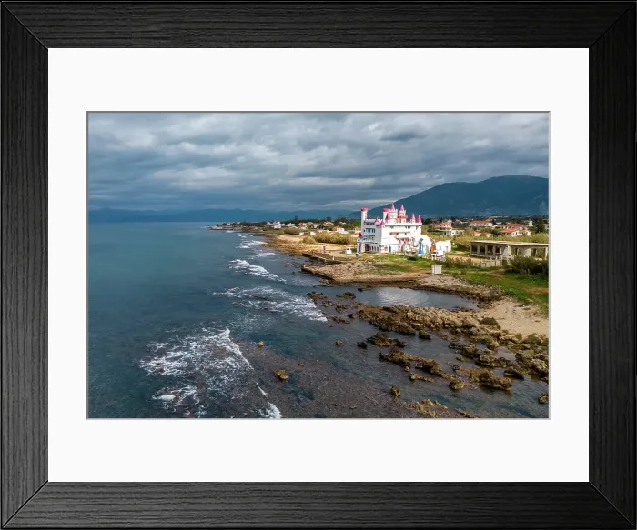 Framed Print : Drone aerial view of abandoned Fairytale Castle, by the sea, Agrilis Messinia, Peloponnese, Greece Framed Print : Drone aerial view of abandoned Fairytale Castle, by the sea, Agrilis Messinia, Peloponnese, Greece