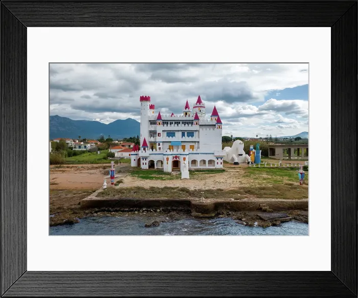 Framed Print : Drone view of abandoned Fairytale Castle, by the sea, Agrilis Messinia, Peloponnese, Greece