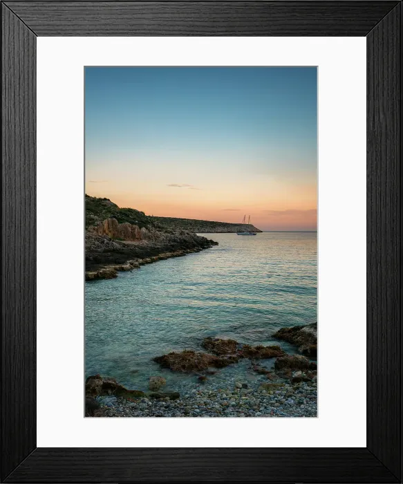 Framed Print : Boat on a beach bay at Cape Tainaron (Cape Matapan) at sunset, Mani Peninsula, Peloponnese, Greece Framed Print : Boat on a beach bay at Cape Tainaron (Cape Matapan) at sunset, Mani Peninsula, Peloponnese, Greece