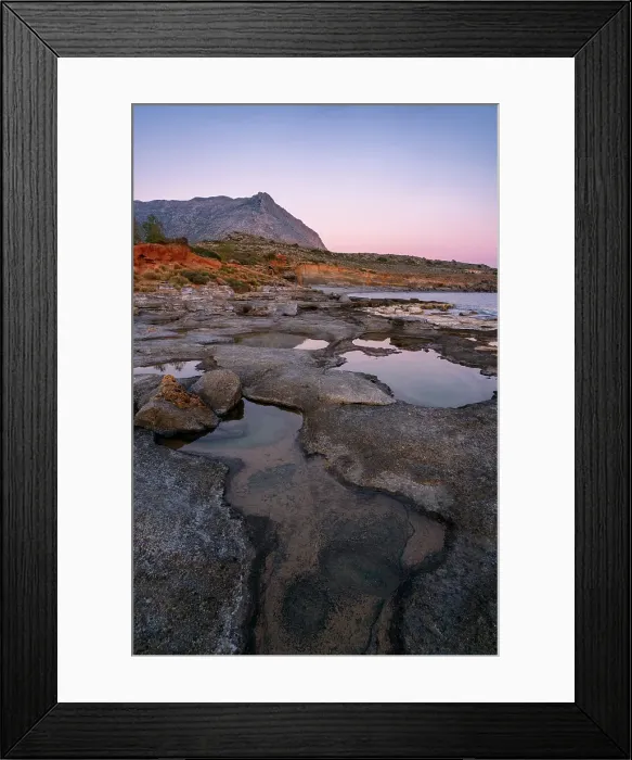 Framed Print : Aspes beach, natural holes in the rocks full of water at sunset, with sea in the background, Greece Framed Print : Aspes beach, natural holes in the rocks full of water at sunset, with sea in the background, Greece