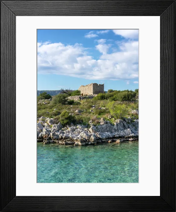 Framed Print : Abandoned house ruin on the coast, with turquoise sea water, Mani Peninsula, Peloponnese, Greece Framed Print : Abandoned house ruin on the coast, with turquoise sea water, Mani Peninsula, Peloponnese, Greece