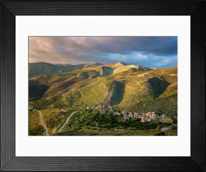 Framed Print : Vathia, abandoned village in the mountains of Mani Peninsula at sunset, Peloponnese, Greece Framed Print : Vathia, abandoned village in the mountains of Mani Peninsula at sunset, Peloponnese, Greece
