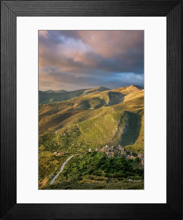 Framed Print : Vathia, abandoned village in the mountains of Mani Peninsula at sunset, Peloponnese, Greece Framed Print : Vathia, abandoned village in the mountains of Mani Peninsula at sunset, Peloponnese, Greece