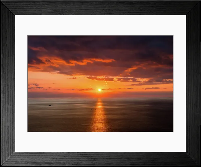 Framed Print : Sunset on the sea with two boats crossing the sunset reflection on the sea, Greece