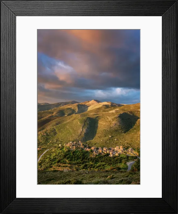 Framed Print : Vathia, abandoned village in the mountains of Mani Peninsula at sunset, Peloponnese, Greece Framed Print : Vathia, abandoned village in the mountains of Mani Peninsula at sunset, Peloponnese, Greece