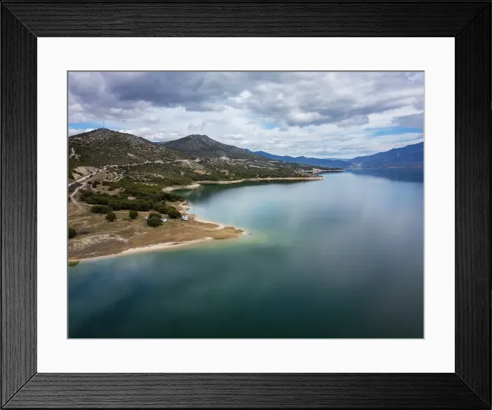 Framed Print : Drone aerial view of camper vans parked on a wild spot at Lake Polyfyto, Kozani, Macedonia, Greece Framed Print : Drone aerial view of camper vans parked on a wild spot at Lake Polyfyto, Kozani, Macedonia, Greece