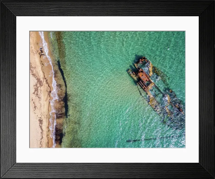 Framed Print : Drone view of Epanomi boat shipwreck by the beach, Thessaloniki, Greece Framed Print : Drone view of Epanomi boat shipwreck by the beach, Thessaloniki, Greece