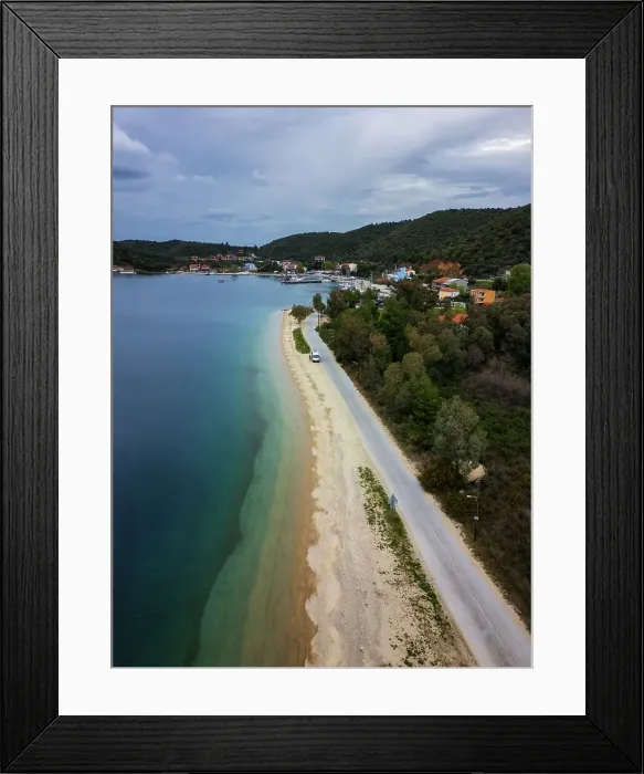 Framed Print : Done aerial view of camper van parked on a wild beach in Porto Koufo, Chalkidiki, Greece Framed Print : Done aerial view of camper van parked on a wild beach in Porto Koufo, Chalkidiki, Greece