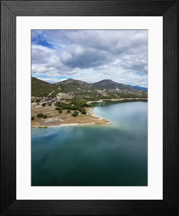 Framed Print : Drone aerial view of camper vans parked on a wild spot at Lake Polyfyto, Kozani, Macedonia, Greece Framed Print : Drone aerial view of camper vans parked on a wild spot at Lake Polyfyto, Kozani, Macedonia, Greece
