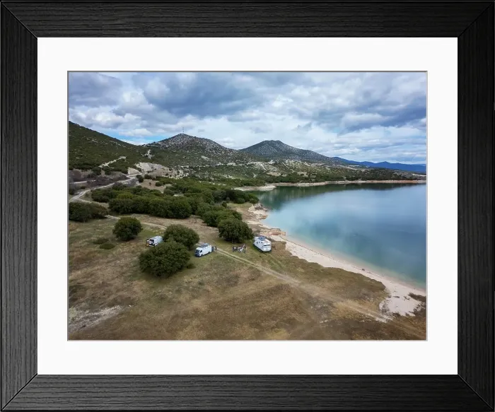 Framed Print : Drone aerial view of camper vans parked on a wild spot at Lake Polyfyto, Kozani, Macedonia, Greece Framed Print : Drone aerial view of camper vans parked on a wild spot at Lake Polyfyto, Kozani, Macedonia, Greece