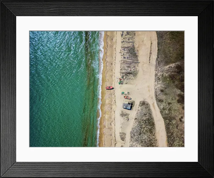 Framed Print : Fishermen boats on a wild beach, drone aerial top view, Thessaloniki, Greece Framed Print : Fishermen boats on a wild beach, drone aerial top view, Thessaloniki, Greece