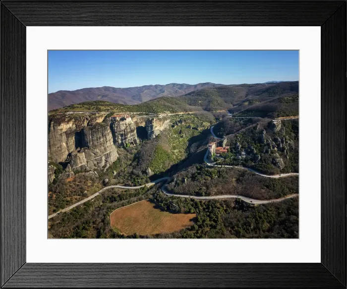 Framed Print : Drone aerial view of Meteora with ancient holy Monastery of Varlaam and Great Meteoron, UNESCO, Kalabaka, Greece