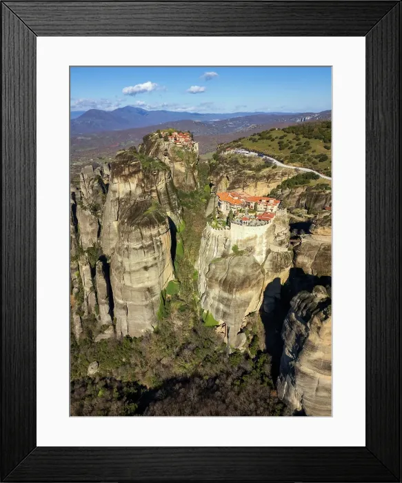 Framed Print : Drone aerial view of Meteora with ancient holy Monastery of Varlaam and Great Meteoron, UNESCO, Kalabaka, Greece Framed Print : Drone aerial view of Meteora with ancient holy Monastery of Varlaam and Great Meteoron, UNESCO, Kalabaka, Greece