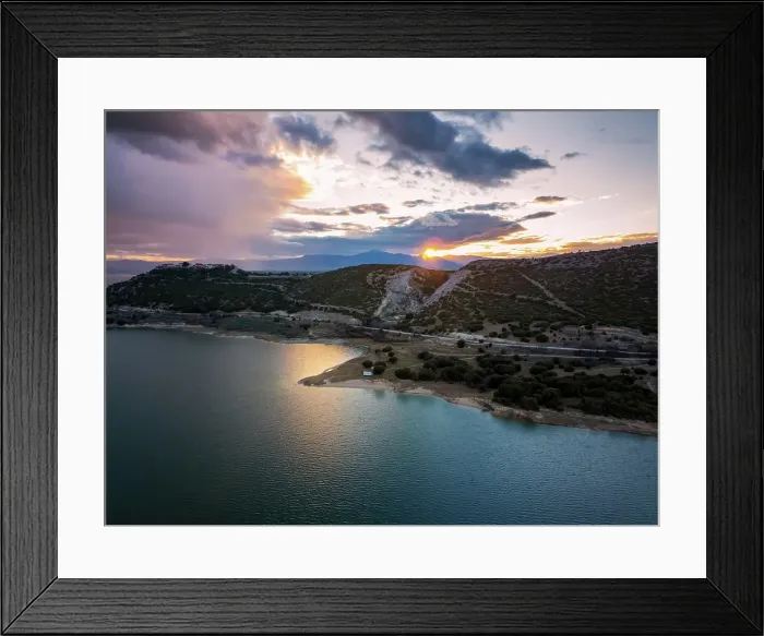 Framed Print : Drone aerial view of Lake Polyfyto and mountain landscape at sunset, Kozani, Macedonia, Greece Framed Print : Drone aerial view of Lake Polyfyto and mountain landscape at sunset, Kozani, Macedonia, Greece
