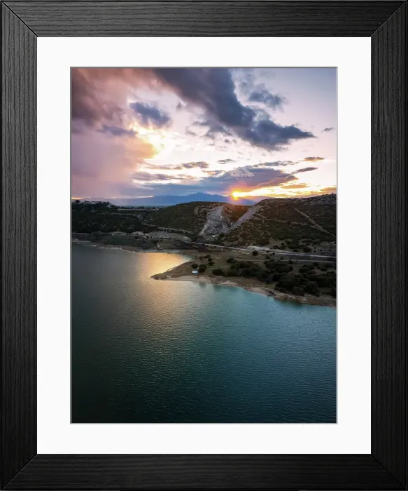 Framed Print : Drone aerial view of Lake Polyfyto and mountain landscape at sunset, Kozani, Macedonia, Greece Framed Print : Drone aerial view of Lake Polyfyto and mountain landscape at sunset, Kozani, Macedonia, Greece