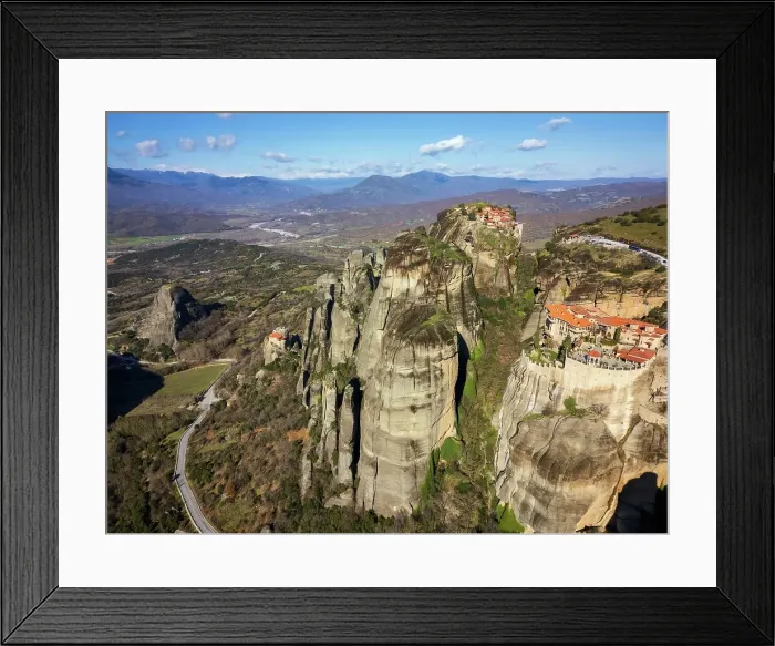 Framed Print : Drone aerial view of Meteora with ancient holy Monastery of Varlaam, Saint Nicholas Anapafsas and Great Meteoron, UNESCO, Kalabaka, Greece