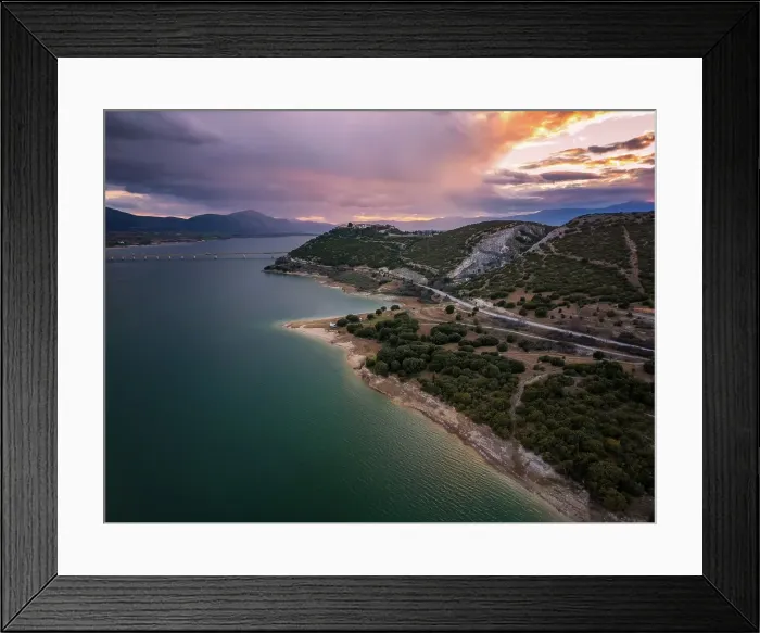 Framed Print : Drone aerial view of Lake Polyfyto mountain landscape and high bridge of Servia Neraida at sunset, Kozani, Macedonia, Greece Framed Print : Drone aerial view of Lake Polyfyto mountain landscape and high bridge of Servia Neraida at sunset, Kozani, Macedonia, Greece