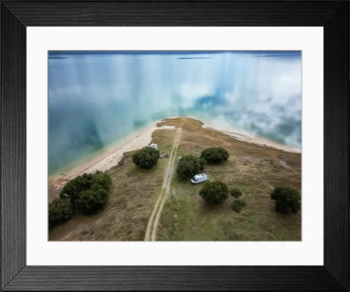Framed Print : Drone aerial view of camper vans parked on a wild spot at Lake Polyfyto, Kozani, Macedonia, Greece Framed Print : Drone aerial view of camper vans parked on a wild spot at Lake Polyfyto, Kozani, Macedonia, Greece