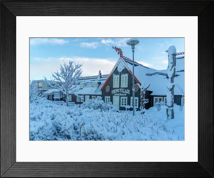 Framed Print : View of snow covered Fjorukrain Viking Restaurant and museum in winter, Hafnarfjorour, Iceland Framed Print : View of snow covered Fjorukrain Viking Restaurant and museum in winter, Hafnarfjorour, Iceland
