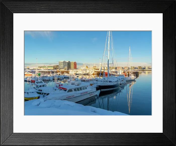 Framed Print : View of boats and colourful buildings around Hafnarfjorour Marina in winter, Hafnarfjorour, Iceland Framed Print : View of boats and colourful buildings around Hafnarfjorour Marina in winter, Hafnarfjorour, Iceland