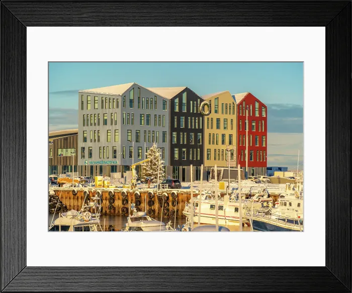 Framed Print : View of colourful buildings around Hafnarfjorour Marina in winter, Hafnarfjorour, Iceland Framed Print : View of colourful buildings around Hafnarfjorour Marina in winter, Hafnarfjorour, Iceland