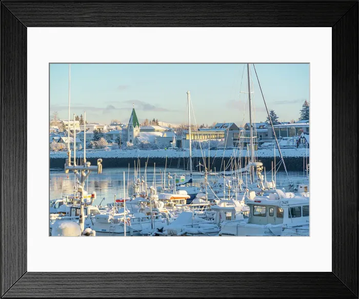 Framed Print : View of boats in Hafnarfjorour Marina and town in background in winter, Hafnarfjorour, Iceland Framed Print : View of boats in Hafnarfjorour Marina and town in background in winter, Hafnarfjorour, Iceland