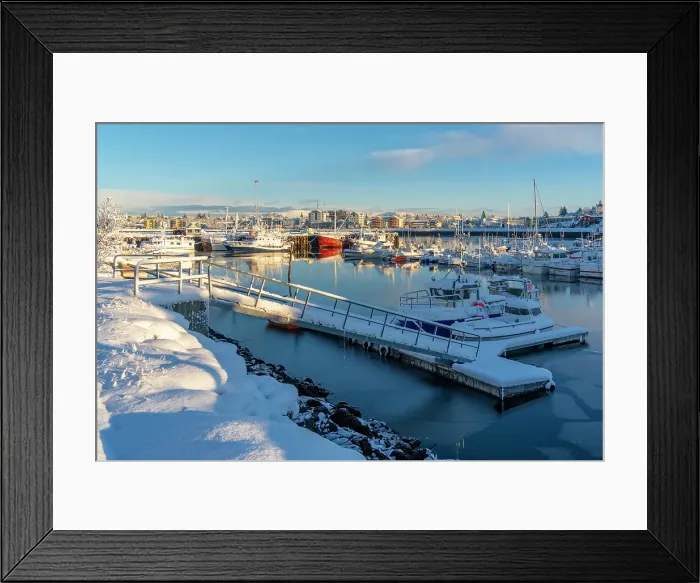 Framed Print : View of boats in Hafnarfjorour Marina and town in background in winter, Hafnarfjorour, Iceland Framed Print : View of boats in Hafnarfjorour Marina and town in background in winter, Hafnarfjorour, Iceland